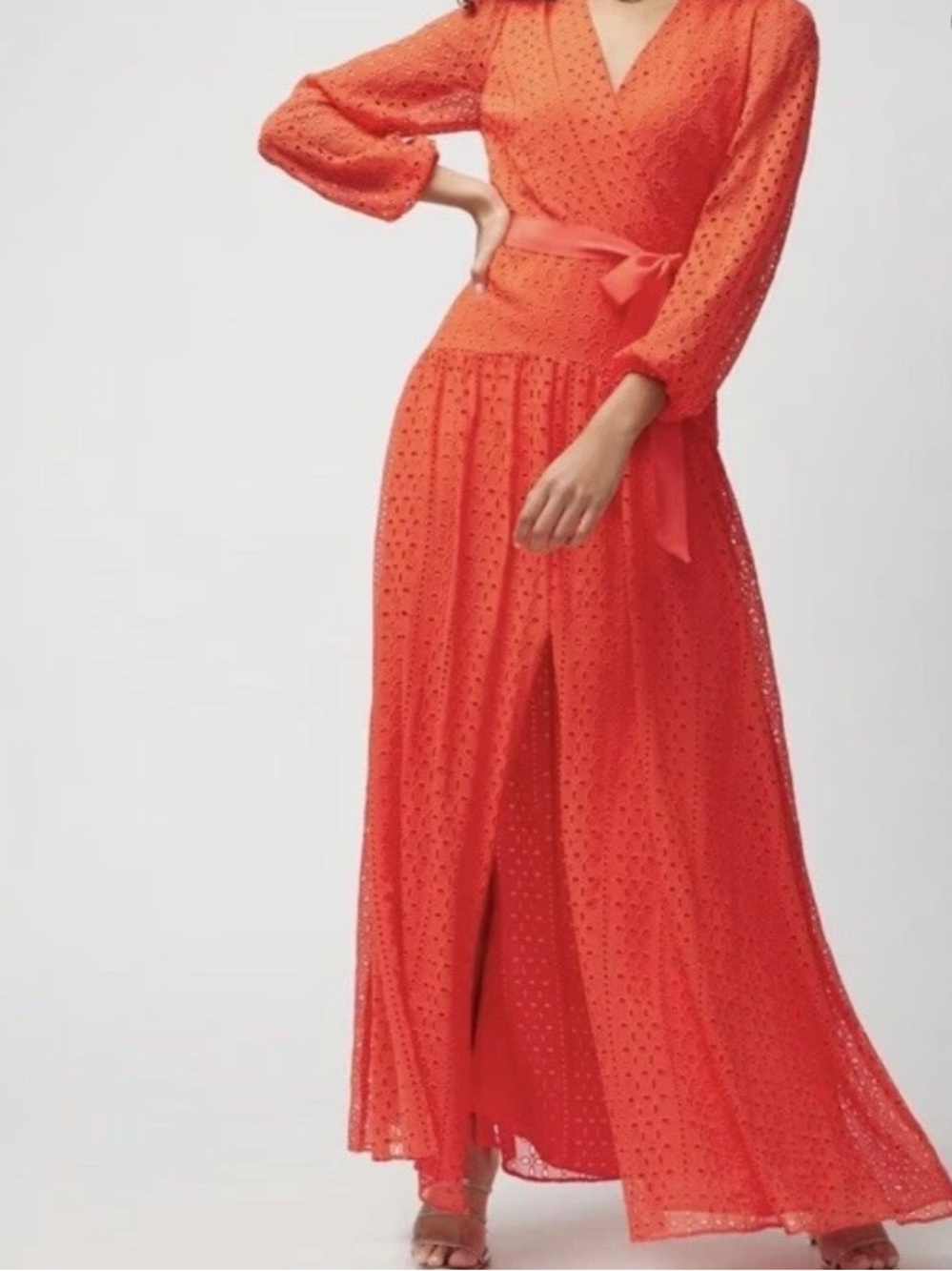 White House Black Market Eyelet Long Sleeve Maxi Dress Blaze Orange Size 4
